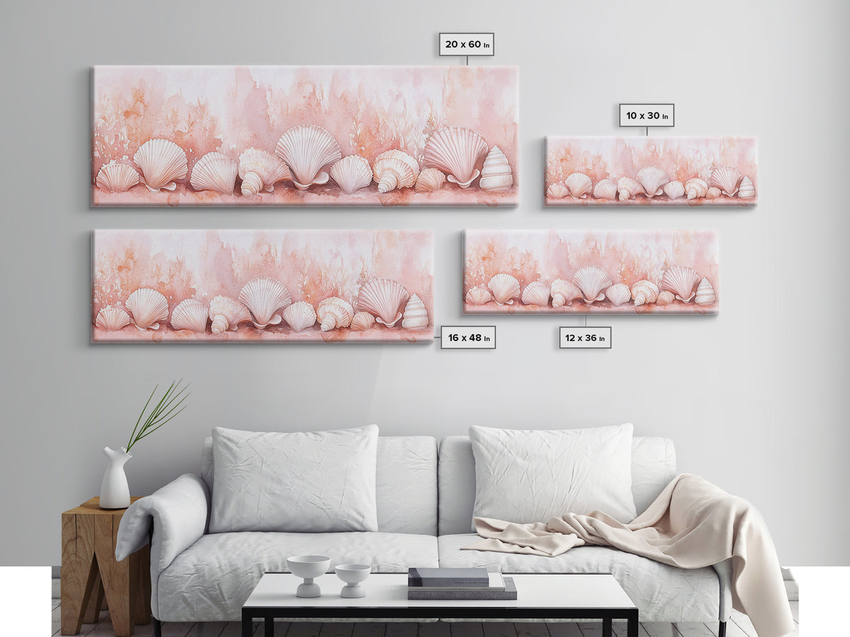 Coastal Shell Art Canvas Print Featuring Light Pink and Orange Pastel Hues, Beach House Decor, Nautical Wall Art for Living Room