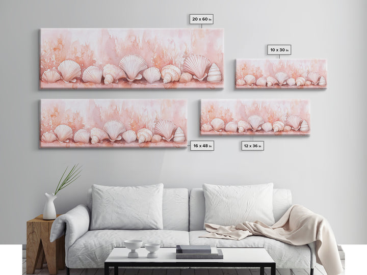 Coastal Shell Art Canvas Print Featuring Light Pink and Orange Pastel Hues, Beach House Decor, Nautical Wall Art for Living Room