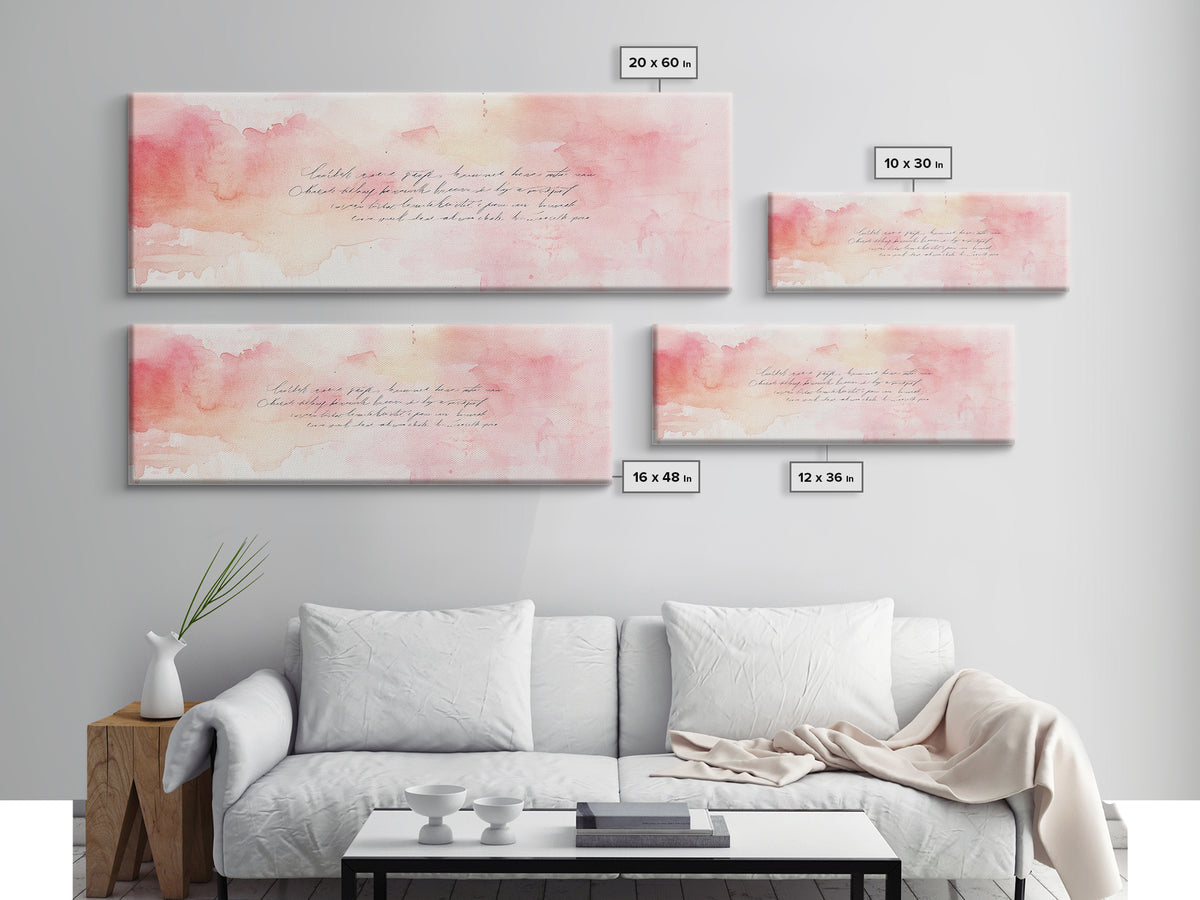 Romantic Calligraphy Canvas Print with Pink Abstract Art, Minimalist Wabi Sabi Aesthetic, Bedroom or Living Room Horizontal Wall Art