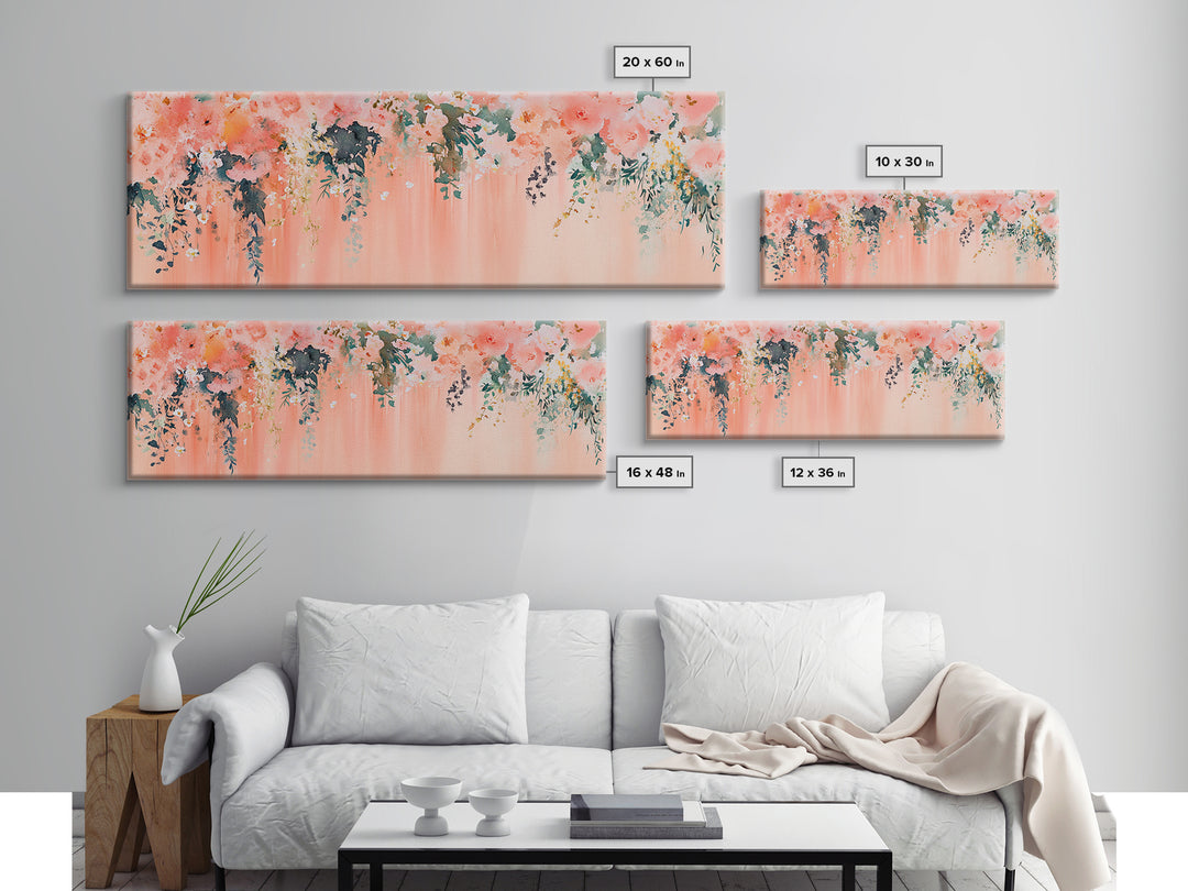 Floral Wildflower Painting Framed Canvas Print, Watercolor Botanical Prints in Peach and Green, Vertical Rustic Farmhouse Wall Art