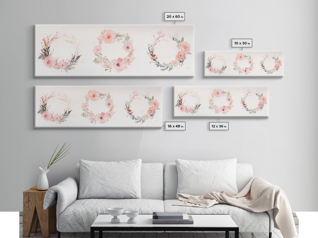 Wildflower Wreath Painting Framed Canvas Print in Pastel Pink and Green, Vertical Rustic Farmhouse Artwork, Botanical Gift Idea