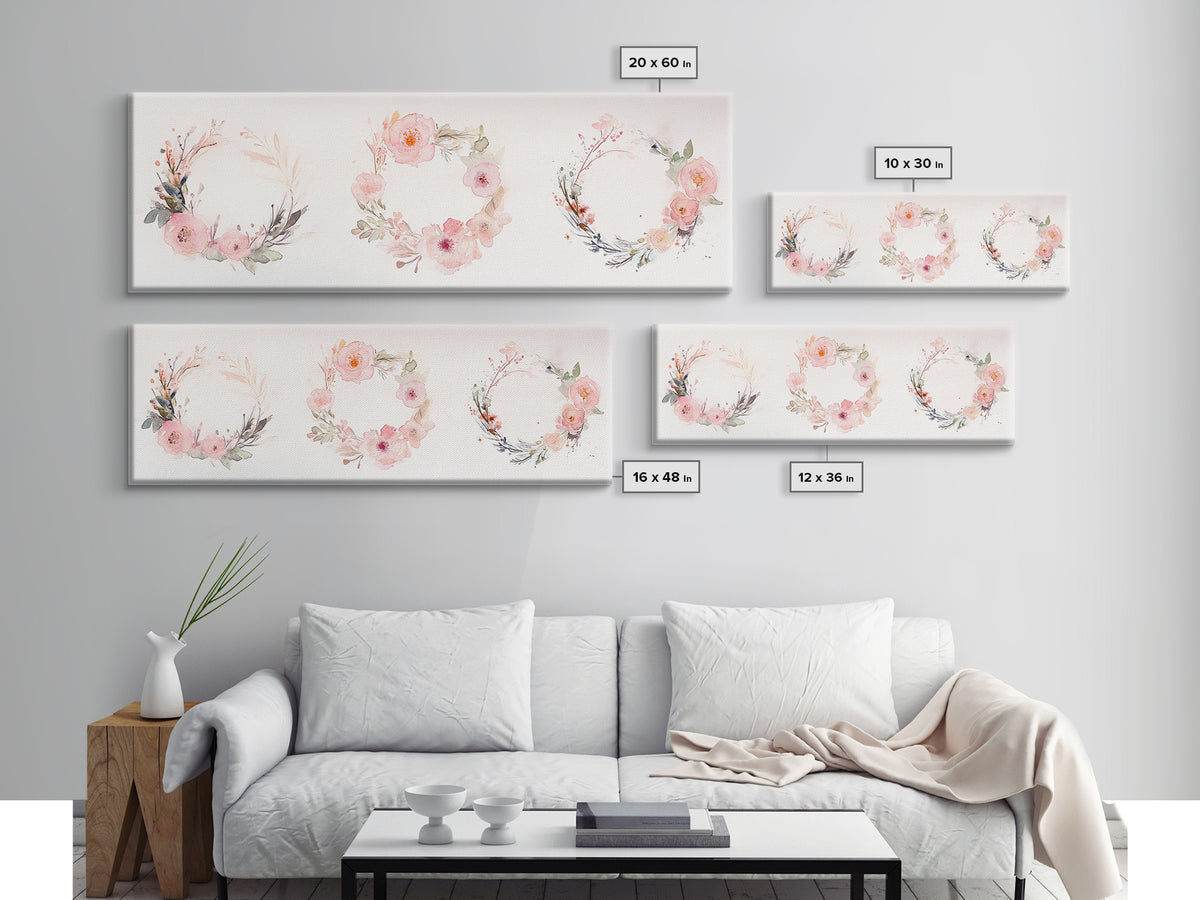 Wildflower Wreath Painting Framed Canvas Print in Pastel Pink and Green, Vertical Rustic Farmhouse Artwork, Botanical Gift Idea