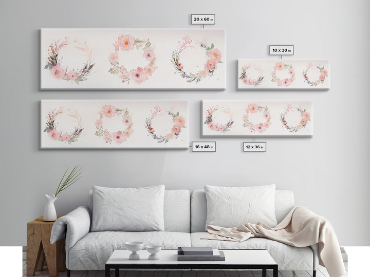 Wildflower Wreath Painting Framed Canvas Print in Pastel Pink and Green, Vertical Rustic Farmhouse Artwork, Botanical Gift Idea