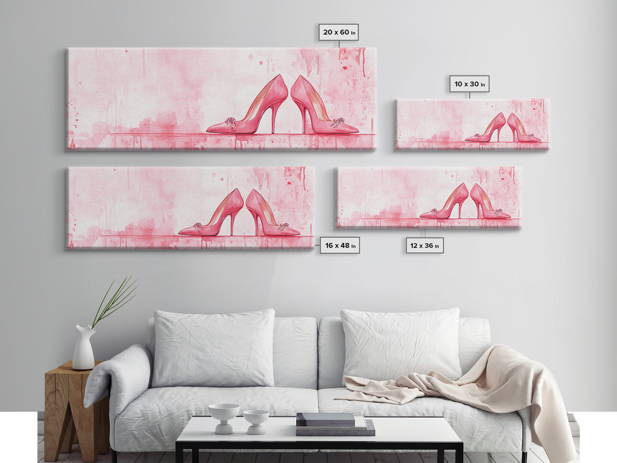 Light Pink Wall Art Framed Canvas Print Featuring Elegant High Heels, Feminine Bedroom Decor, Fashion Artwork Above Bed Idea