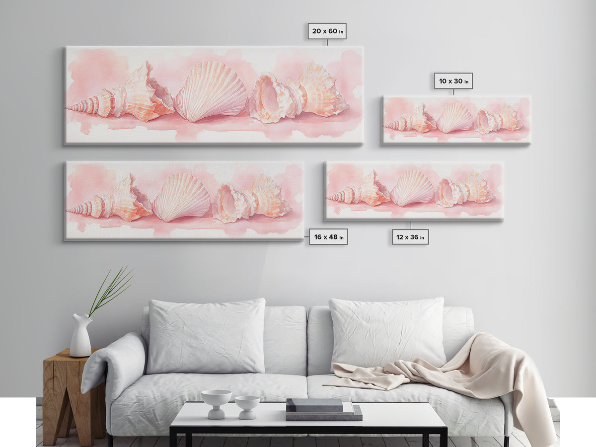 Shell Painting Framed Canvas Print Featuring Coastal Shells in Pastel Pink, Nautical Decor Idea, Horizontal Coastal Artwork