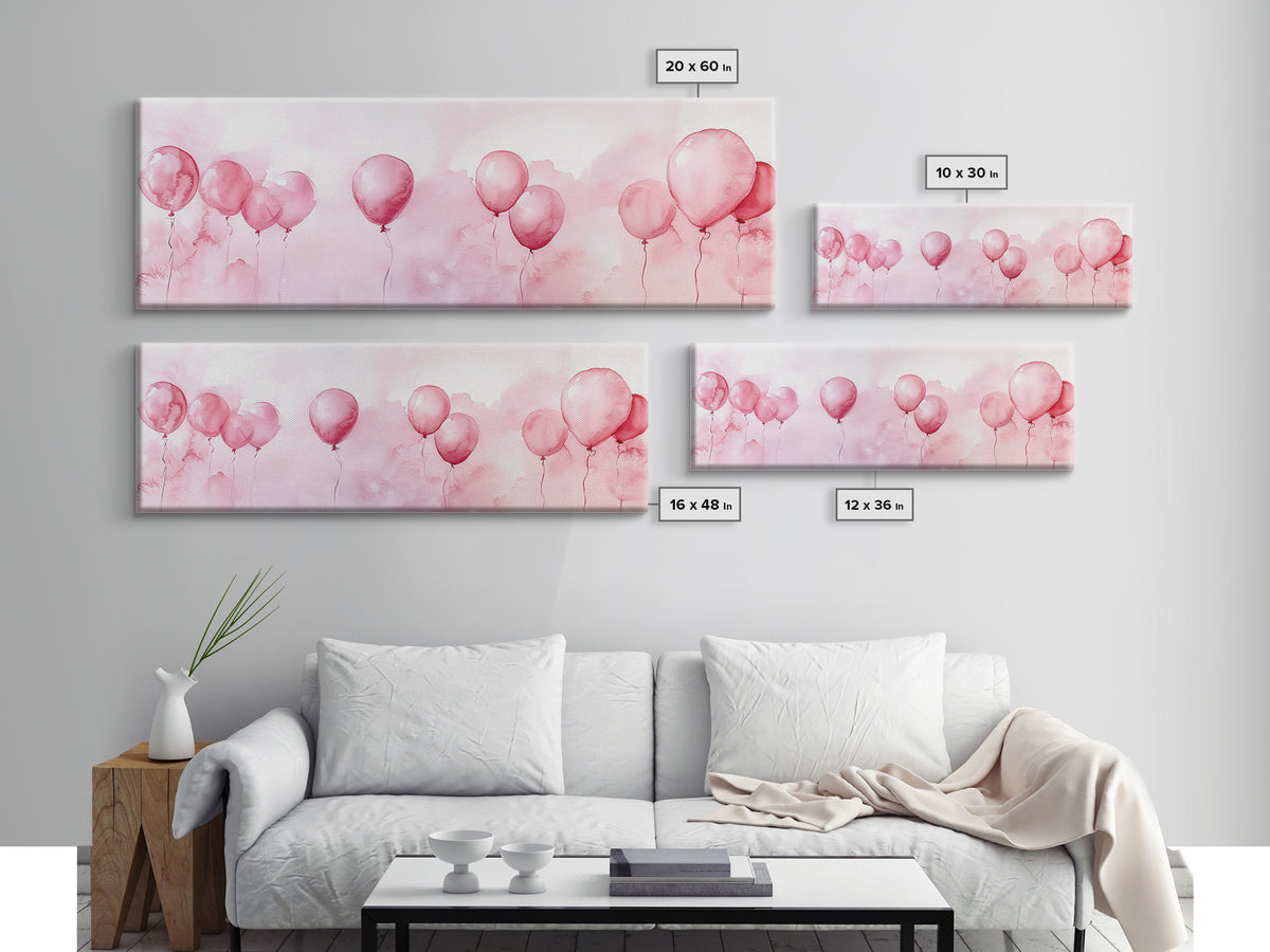 Balloon Painting Framed Canvas Print in Pastel Pink Hues, Whimsical Horizontal Artwork, Light Pink Wall Art for Living Room Decor