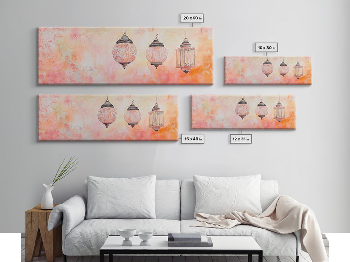 Moroccan Lanterns Canvas Print Pink Orange Wall Art Boho Decor Rustic Living Room Artwork Horizontal Farmhouse Style Gift Idea