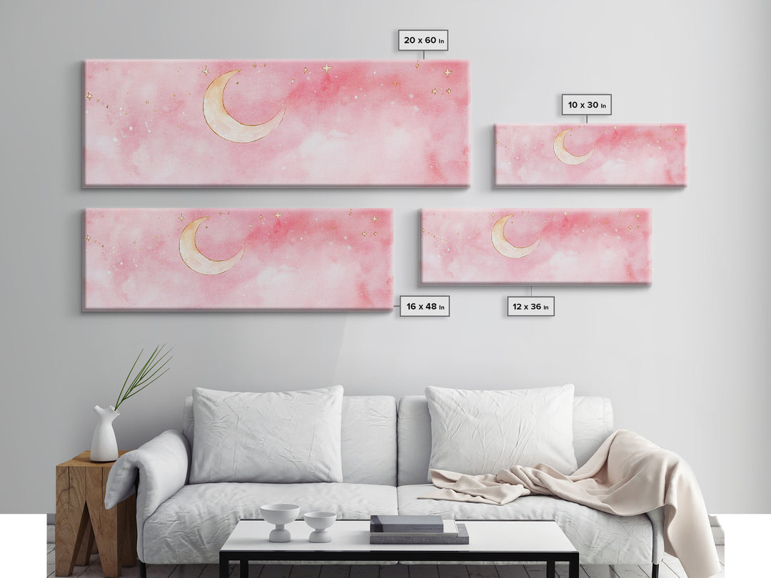 Crescent Moon Canvas Print Light Pink Wall Art Whimsical Night Sky Decor Bedroom Artwork Minimalist Boho Dreamy Gift Idea