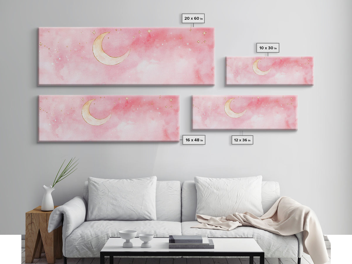 Crescent Moon Canvas Print Light Pink Wall Art Whimsical Night Sky Decor Bedroom Artwork Minimalist Boho Dreamy Gift Idea