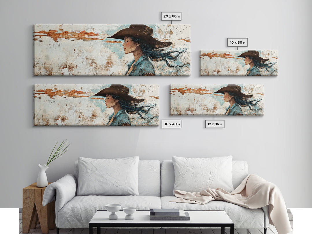 Blue Cowgirl Canvas Print Rustic Western Painting Farmhouse Art Wabi Sabi Artwork Guest Room Decor Extra Wide Wall Art