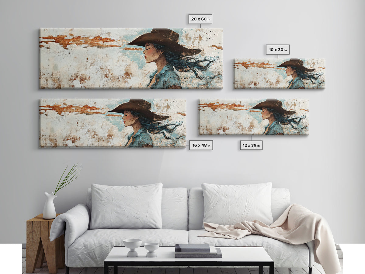 Blue Cowgirl Canvas Print Rustic Western Painting Farmhouse Art Wabi Sabi Artwork Guest Room Decor Extra Wide Wall Art