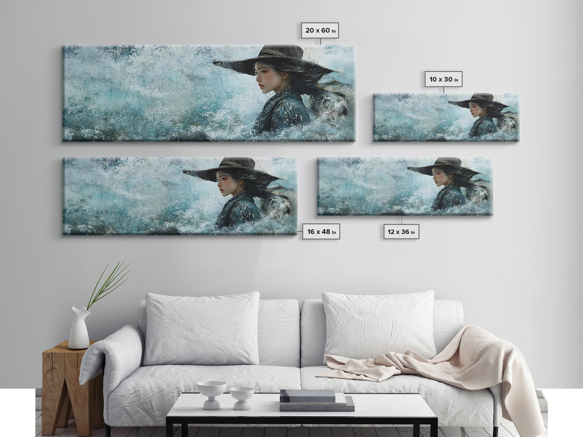 Ocean Cowgirl Canvas Print Coastal Landscape Art Rustic Boho Wall Art Nautical Decor Panoramic Artwork Bedroom Guest Room Decor