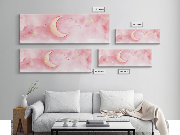 Crescent Moon with Stars Painting, Canvas Print, Light Pink Whimsical Wall Art, Nursery Aesthetic Artwork, Minimalist Cozy Decor