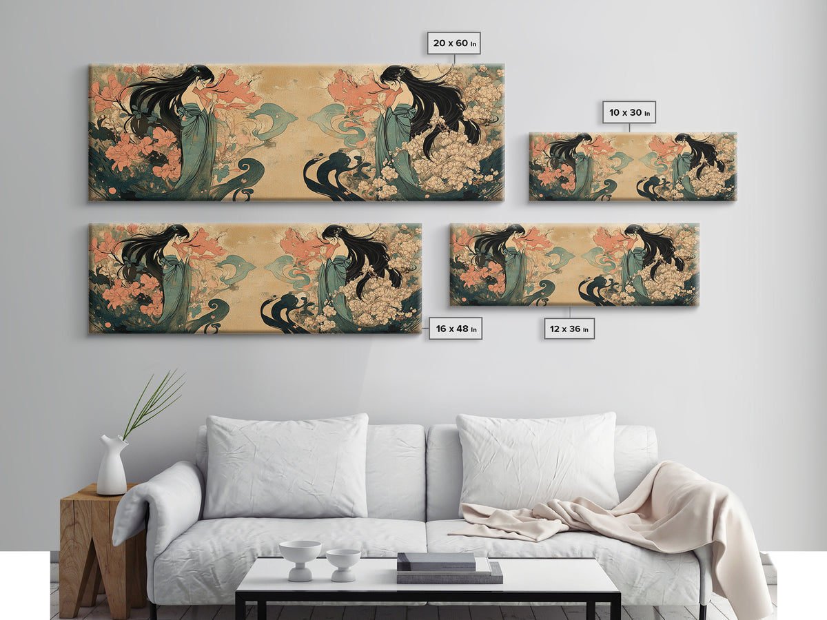 Art Nouveau Framed Canvas Print Goddess Art Print Feminine Boho Artwork Wildflower Wall Art Bedroom Artwork Guest Room Decor