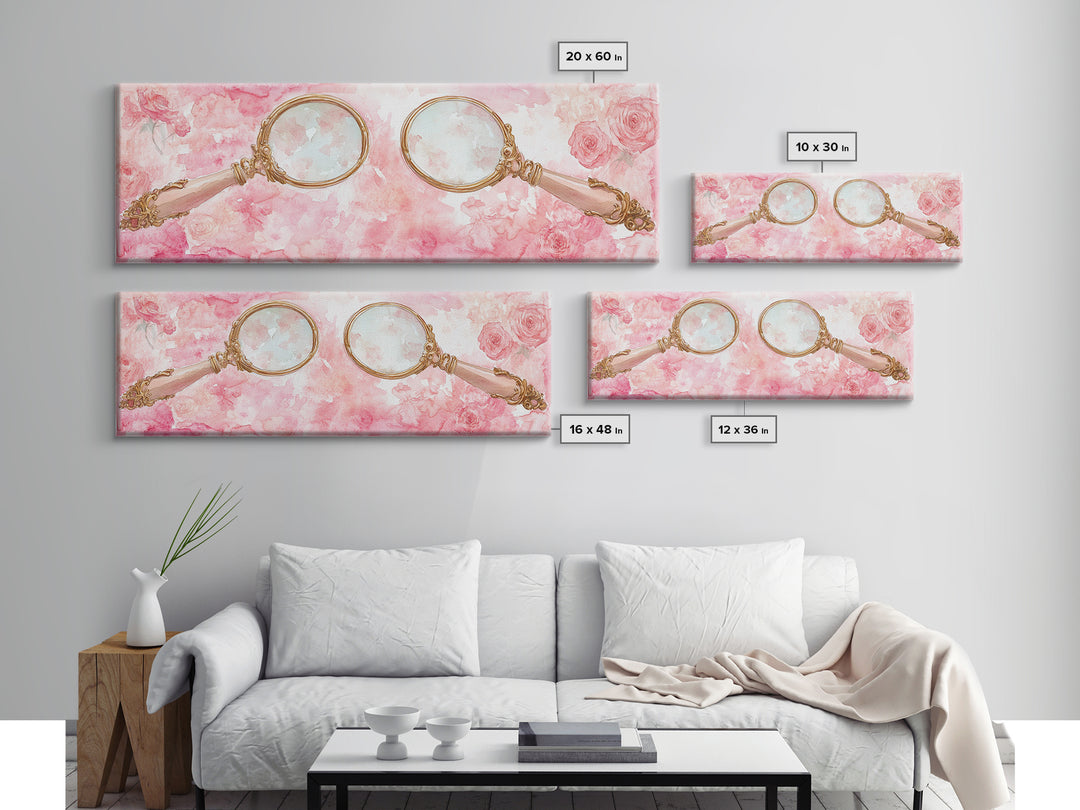 Antique Magnifying Glass Canvas Print, Rose Painting with Vintage Romantic Vibes, Rustic Farmhouse Wall Art, Guest Room Decor