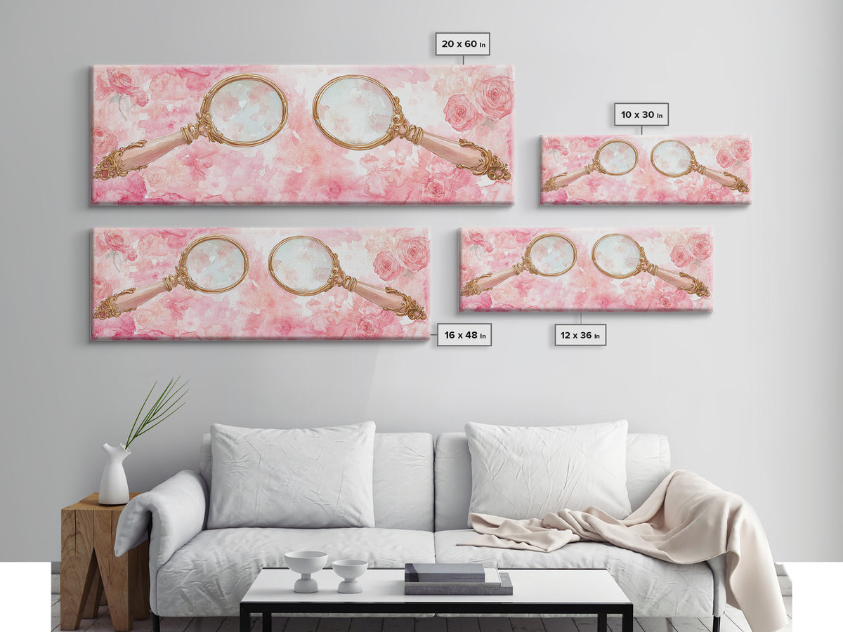 Antique Magnifying Glass Canvas Print, Rose Painting with Vintage Romantic Vibes, Rustic Farmhouse Wall Art, Guest Room Decor