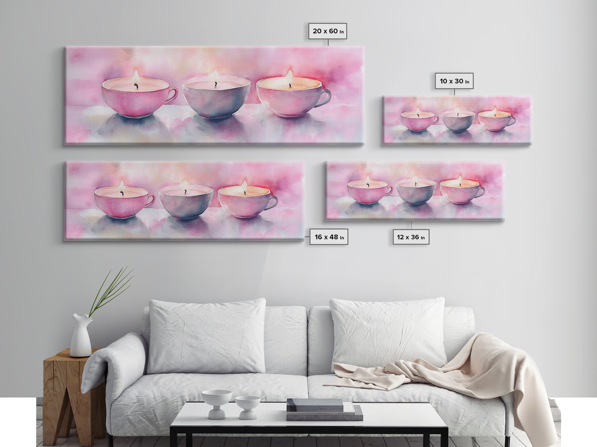 Candlelight Framed Canvas Print, Cozy Pastel Teacup Candles Art, Light Pink Wall Decor, Bedroom or Dining Room Whimsical Artwork