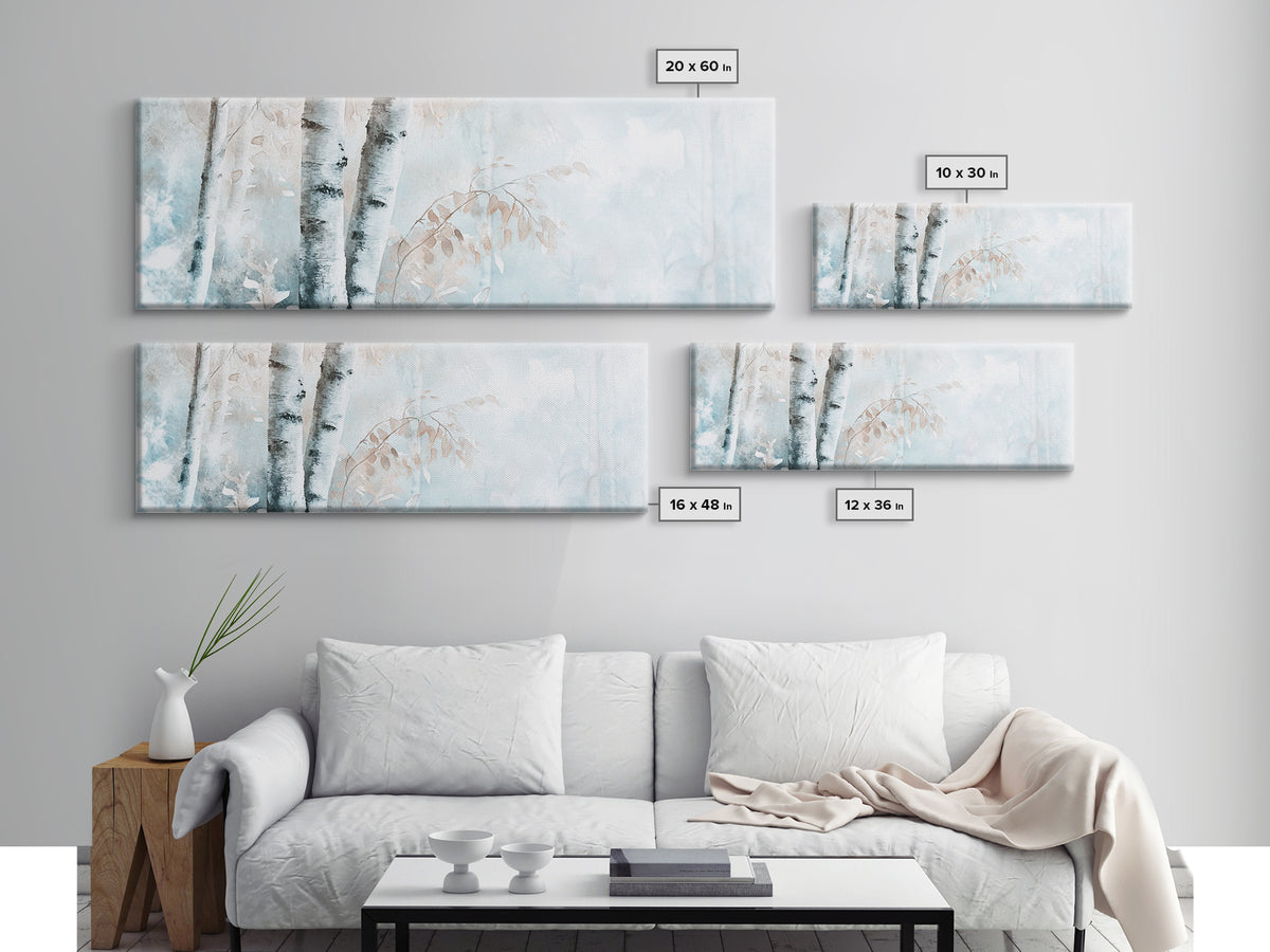 Birch Tree Art Framed Canvas Print, Neutral Landscape Painting Autumn Decor, Rustic Minimalist Wall Art Gift Idea Above Bed Design