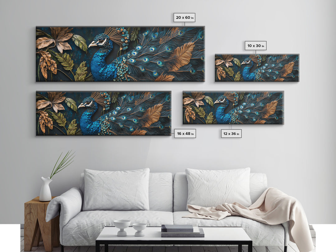 Blue Peacock Framed Canvas Print Chinoiserie Style Mosaic Wall Art Boho Rustic Decor Living Room Feature Art Print