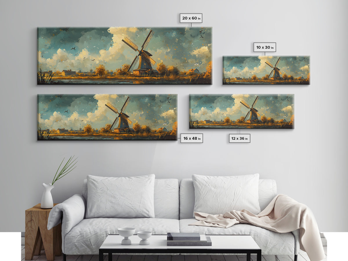 Autumn Windmill Scene Framed Canvas Print - Rustic Fall Farmhouse Art, Moody Living Room Wall Art, Horizontal Panoramic Decor Gift Idea