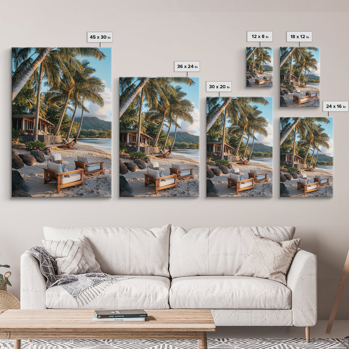Vibrant Palm Tree Beach Framed Canvas Print – Coastal Decor Wall Art, Hawaiian Landscape Painting, Tropical Nautical Wall Art