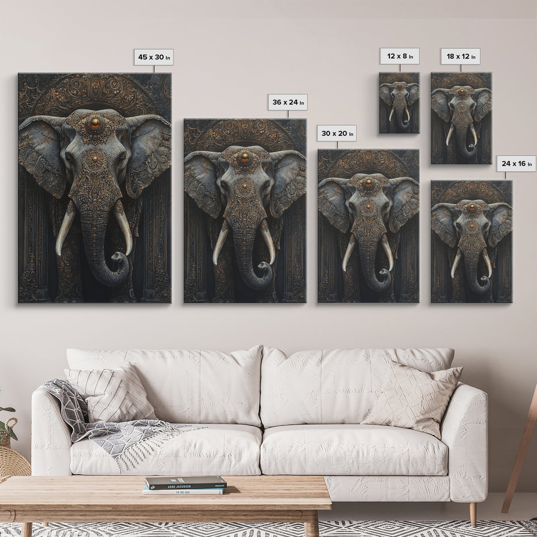 Ornate Elephant Kerala Mural Framed Canvas Print – Ganesh Wall Art, Sacred Geometry Art, Indian Inspired Decor Rustic Living Room Art