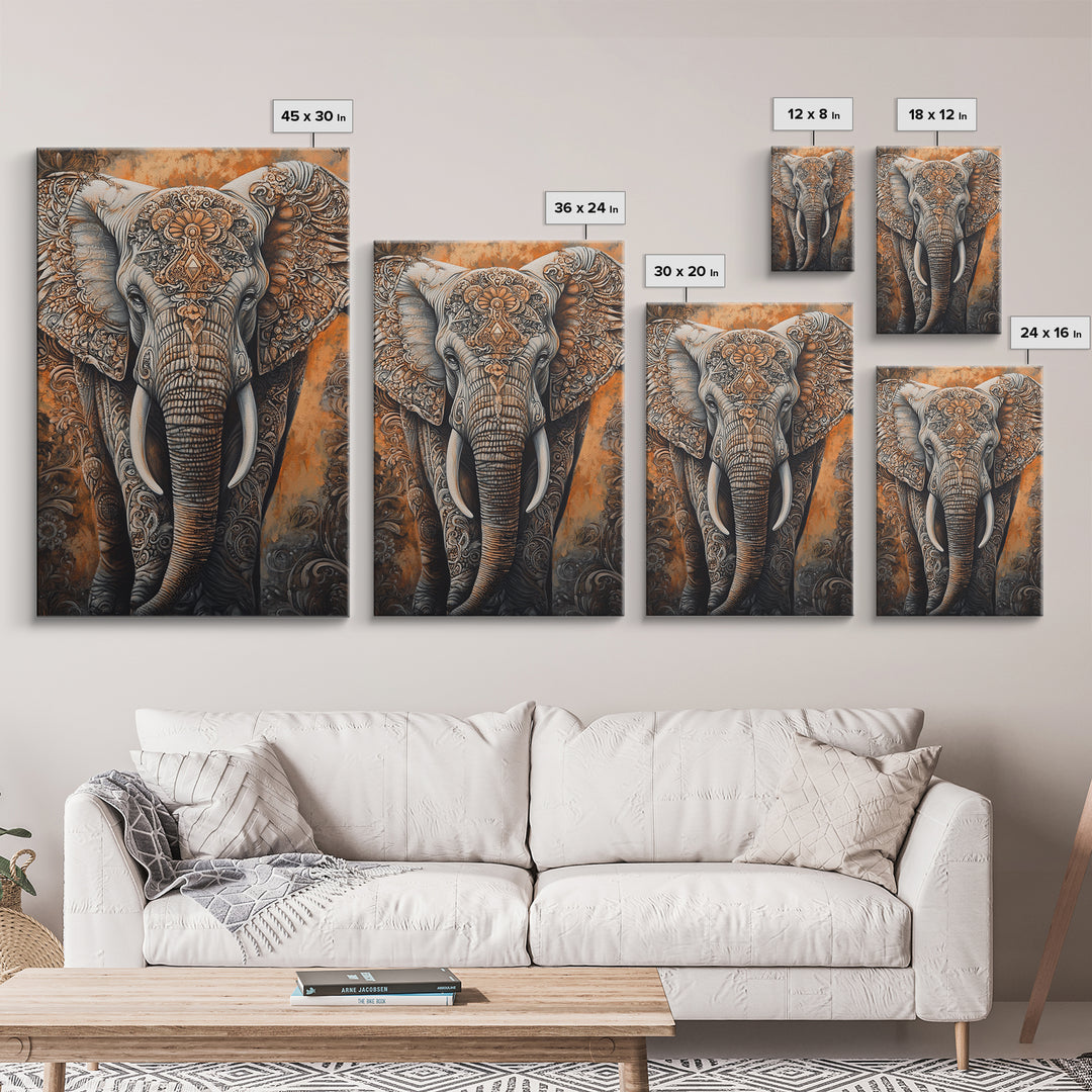 Indian Elephant Art Framed Canvas Print – Kerala Mural Painting, Sacred Geometry Decor, Ganesh Wall Art, Rustic Boho Living Room Art