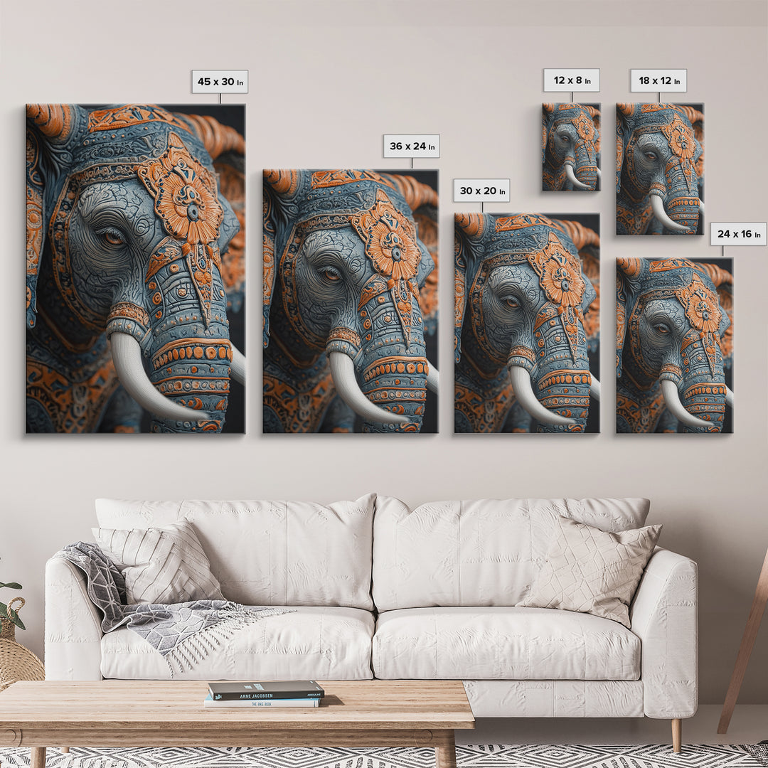 Detailed Elephant Face Framed Canvas Print – Kerala Mural Art, Sacred Geometry Decor, Ganesh Wall Art Rustic Boho Inspired Room Decor