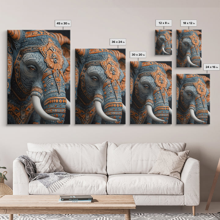 Detailed Elephant Face Framed Canvas Print – Kerala Mural Art, Sacred Geometry Decor, Ganesh Wall Art Rustic Boho Inspired Room Decor