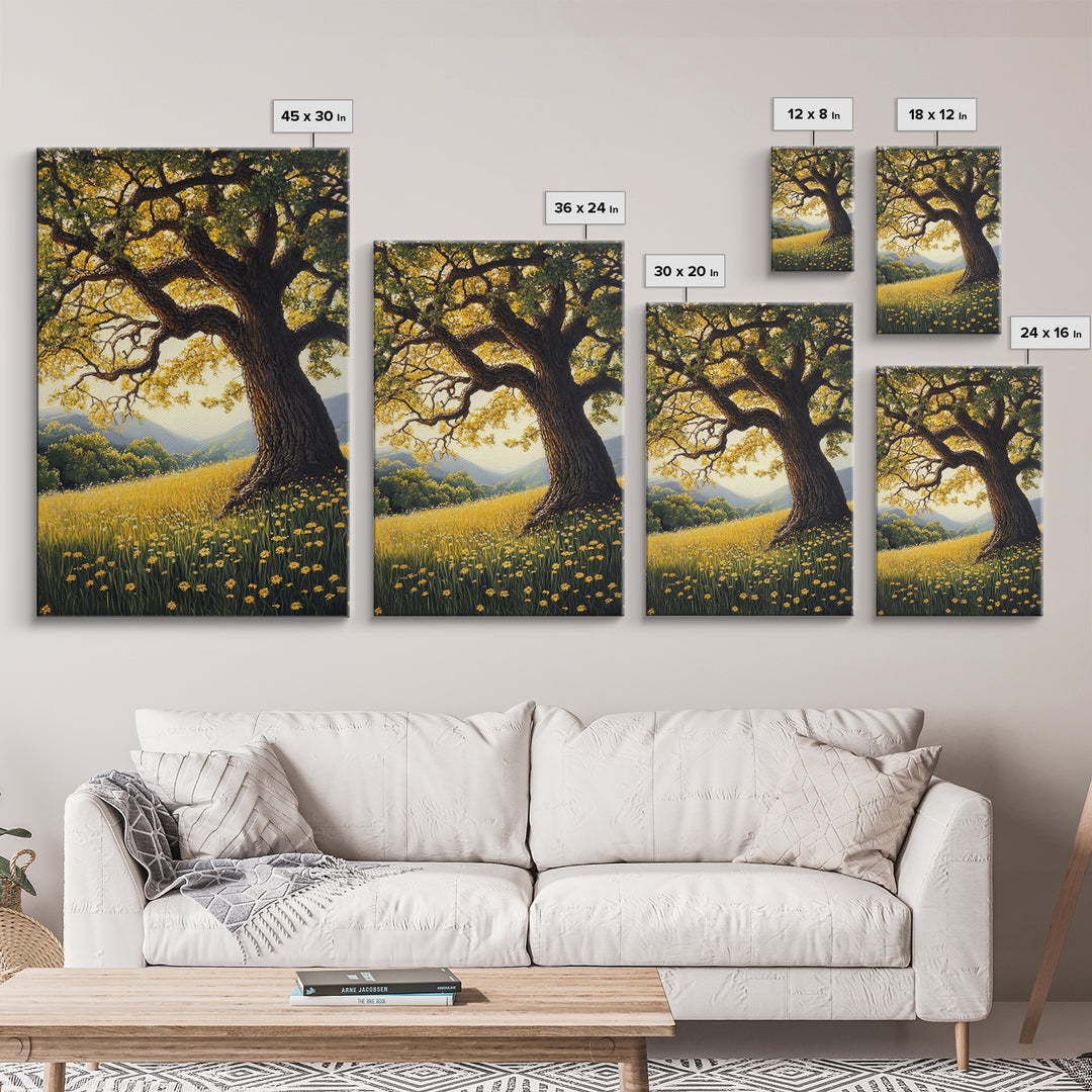Vibrant Meadow Tree Canvas Print Rustic Wall Art Wildflower Landscape Painting Living Room Artwork Above Sofa Art Fall Decor