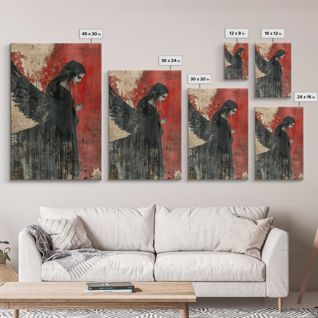 Gothic Angel Red Background Canvas Print Dark Angels Wall Art Moody Gothic Artwork Abstract Art Print Rustic Decor Gift Idea