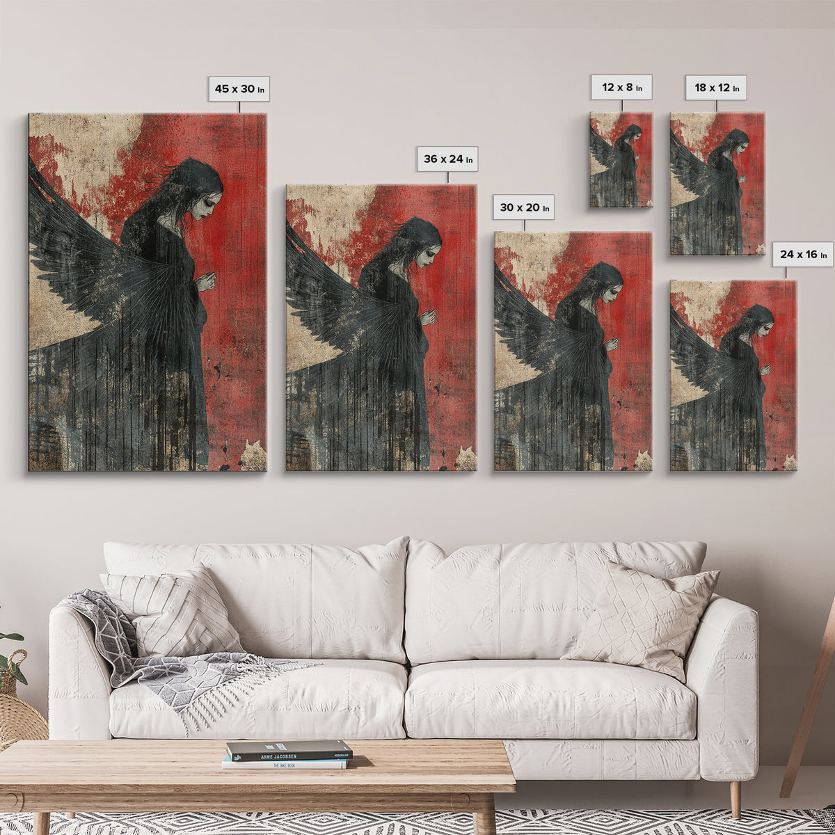 Gothic Angel Red Background Canvas Print Dark Angels Wall Art Moody Gothic Artwork Abstract Art Print Rustic Decor Gift Idea