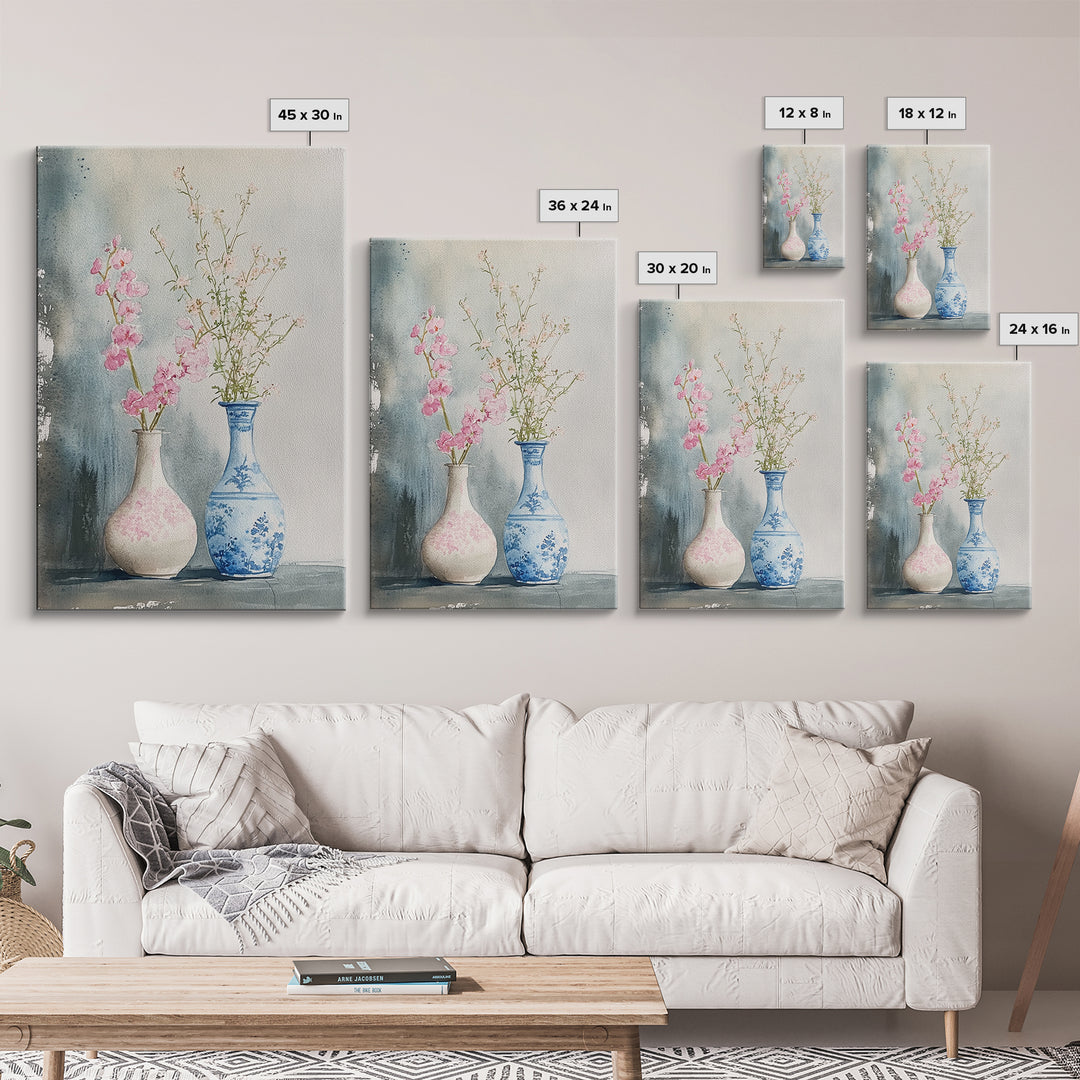 Delicate Vases Framed Canvas Print Wildflower Painting Botanical Prints Minimalist Art Light Pink Wall Art Rustic Decor Gift Idea