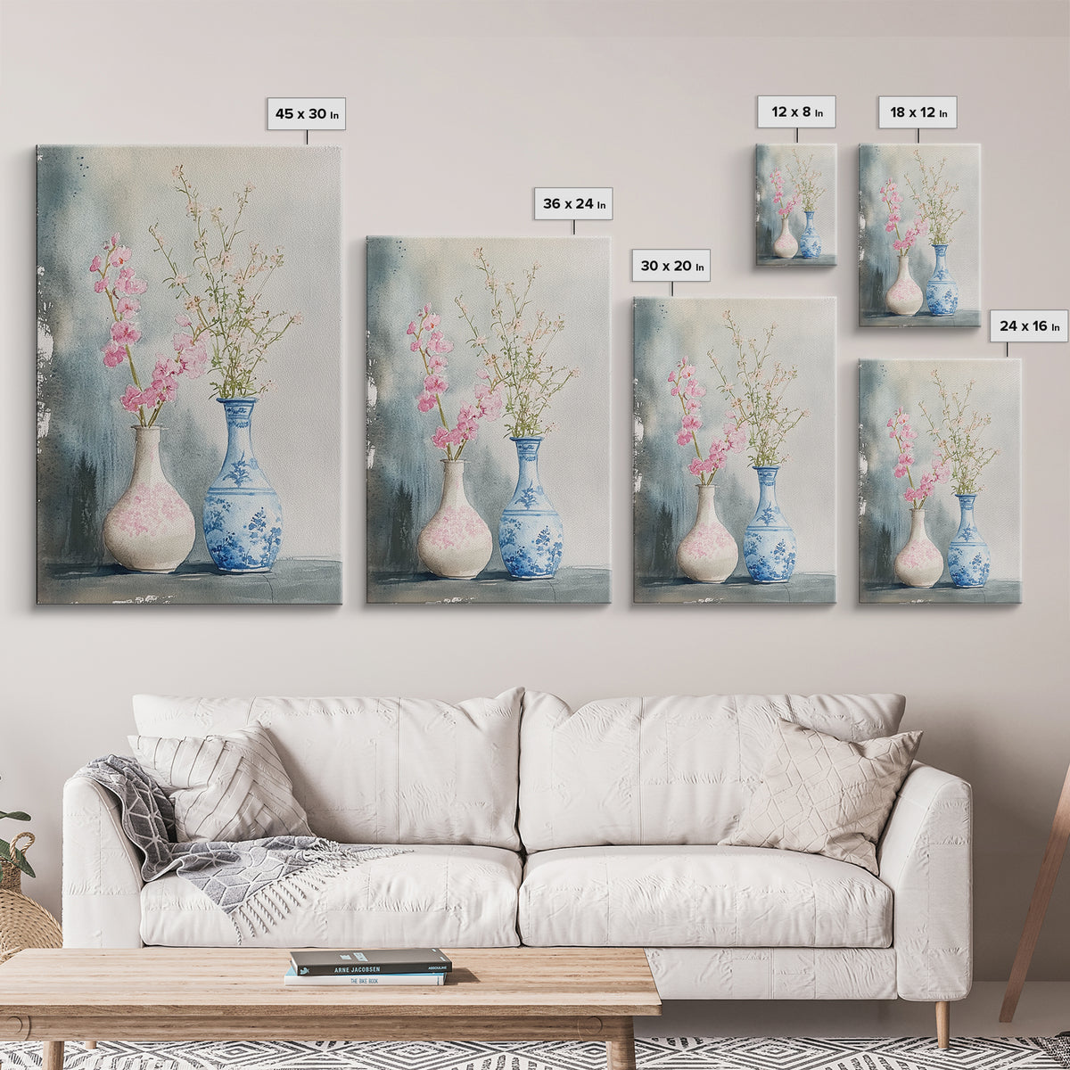 Delicate Vases Framed Canvas Print Wildflower Painting Botanical Prints Minimalist Art Light Pink Wall Art Rustic Decor Gift Idea