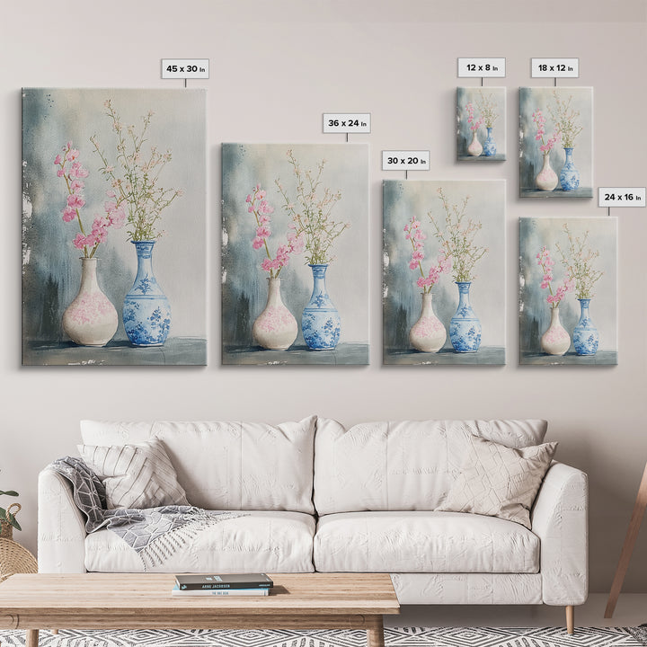 Delicate Vases Framed Canvas Print Wildflower Painting Botanical Prints Minimalist Art Light Pink Wall Art Rustic Decor Gift Idea