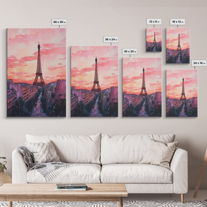 Eiffel Tower Sunset Framed Canvas Print Paris Landscape Painting French Cityscape Wall Art Bedroom Decor Romantic Gift Pink Orange Art