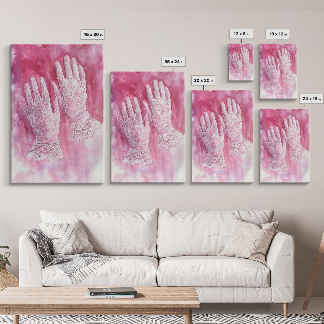Light Pink Wall Art Canvas Print, Delicate Lace Gloves Illustration, Victorian-Inspired Art, Rustic Decor Bedroom Guest Room Gift