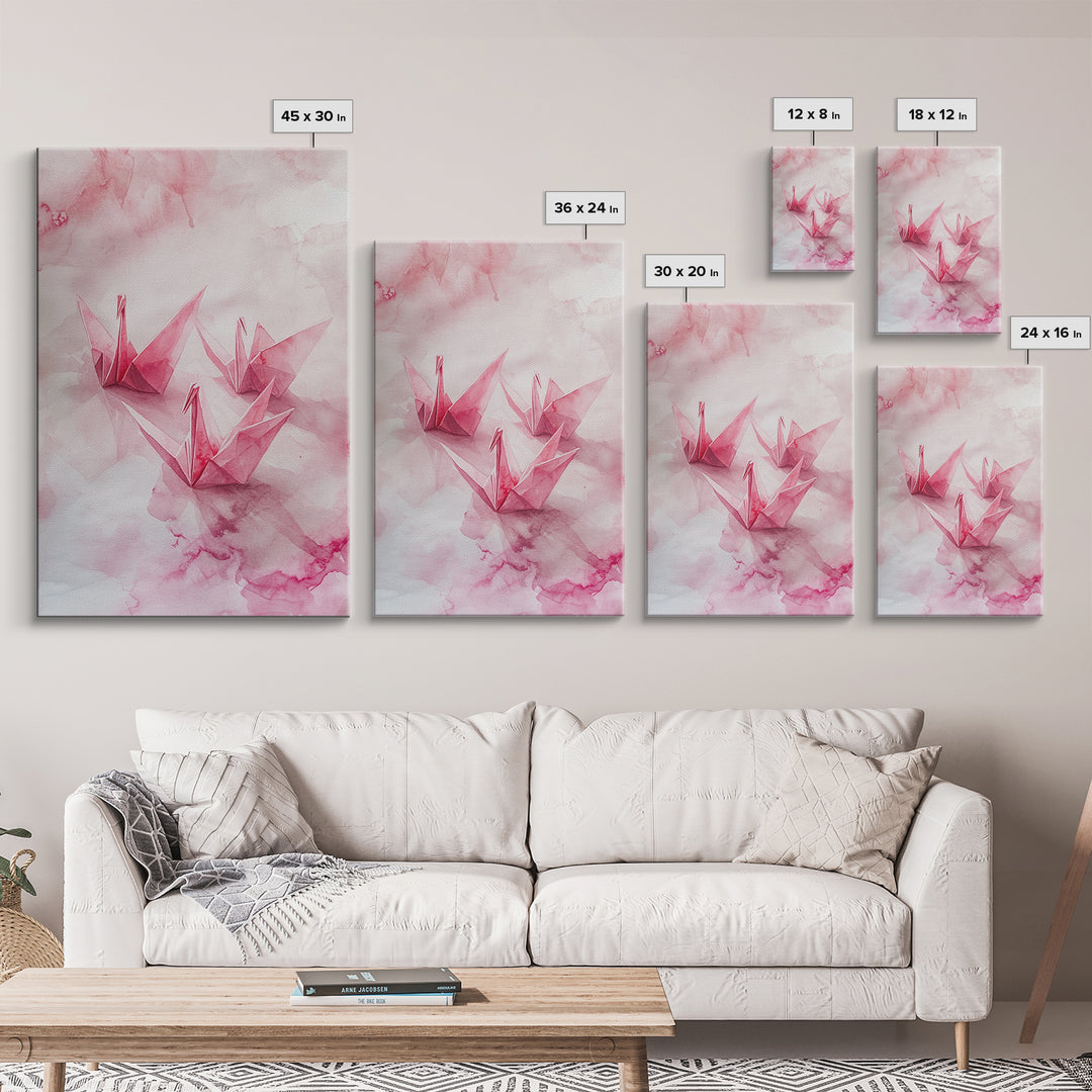 Origami Cranes Canvas Print, Pink Paper Bird Art, Minimalist Zen Decor, Whimsical Artwork Bedroom Wall Art, Japanese-Inspired Gift