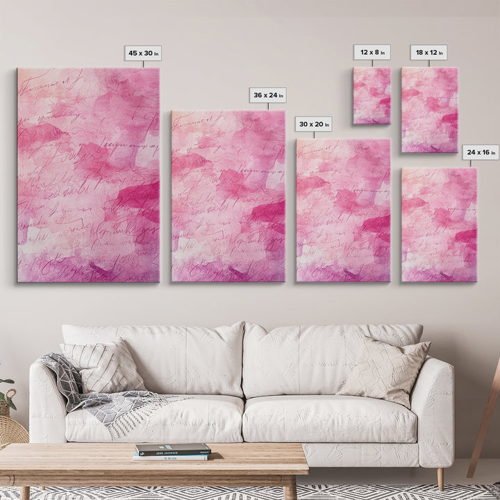 Calligraphy Pink Abstract Framed Canvas Print, Light Pink Wall Art, Romantic Handwriting Aesthetic, Minimalist Art Bedroom or Office Decor