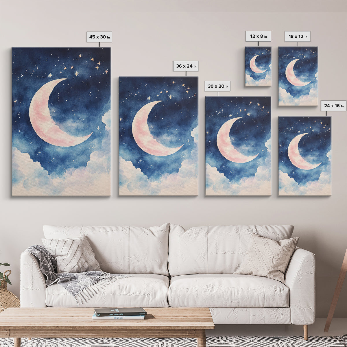 Crescent Moon Painting Canvas Print Bedroom Art Moody Night Sky Painting Above Bed Wall Art Whimsical Art Gift Idea Light Decor