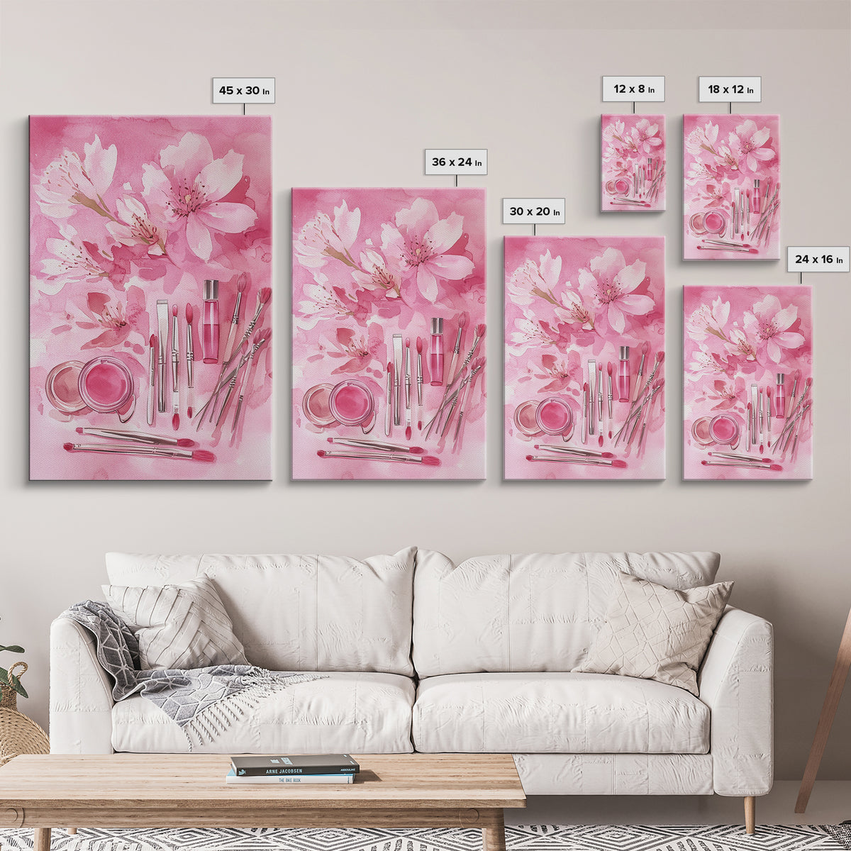 Cherry Blossom Canvas Print Featuring Makeup and Brush Theme Perfect Whimsical and Light Pink Wall Art Bedroom or Bathroom Decor