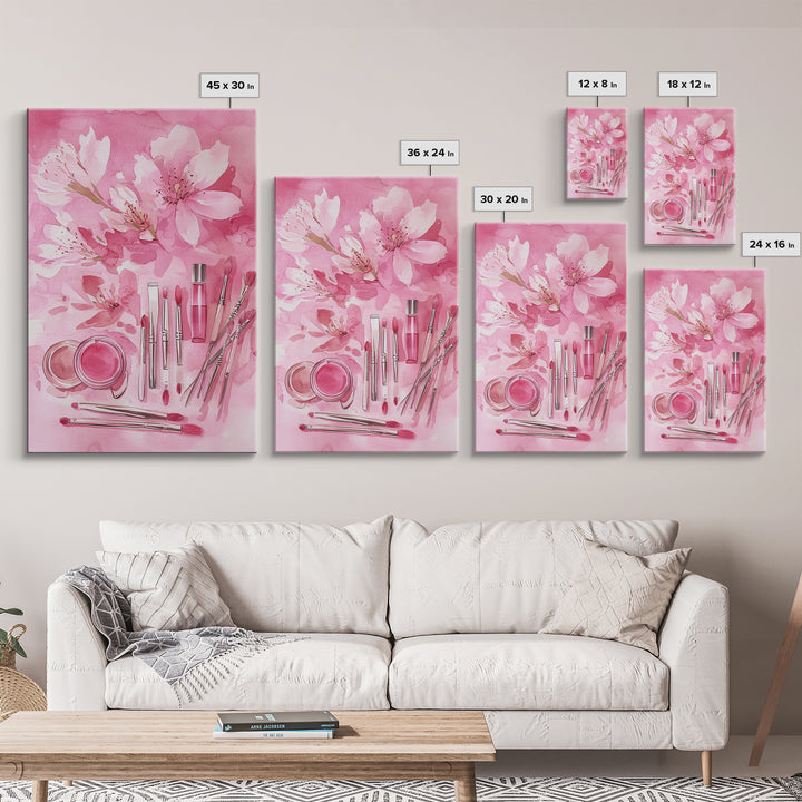 Cherry Blossom Canvas Print Featuring Makeup and Brush Theme Perfect Whimsical and Light Pink Wall Art Bedroom or Bathroom Decor