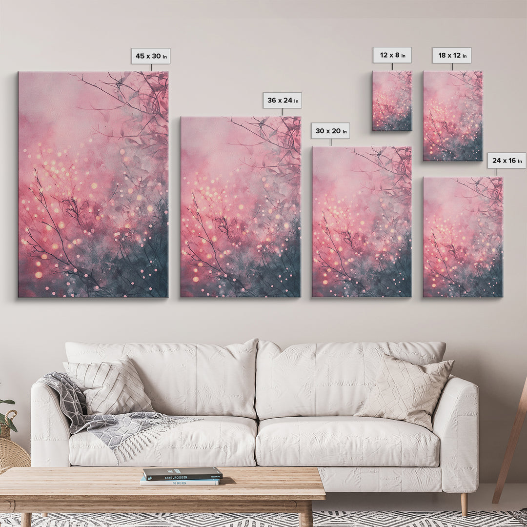 Soft Pink Glow Framed Canvas Print | Cherry Blossom Painting | Light Pink Wall Art | Wabi Sabi Art | Above Sofa Decor | Living Room Art