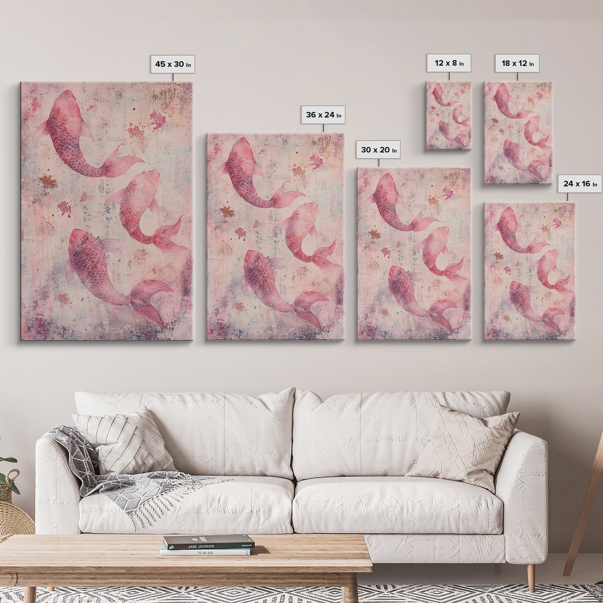 Artistic koi fish painting with framed canvas print, pink abstract art, light pink wall art, gift idea, moody art above bed decor