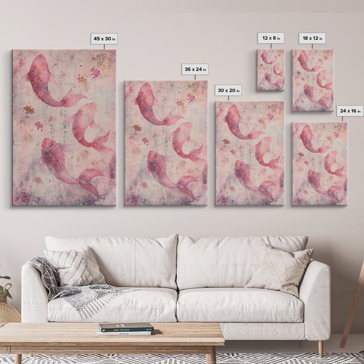 Artistic koi fish painting with framed canvas print, pink abstract art, light pink wall art, gift idea, moody art above bed decor