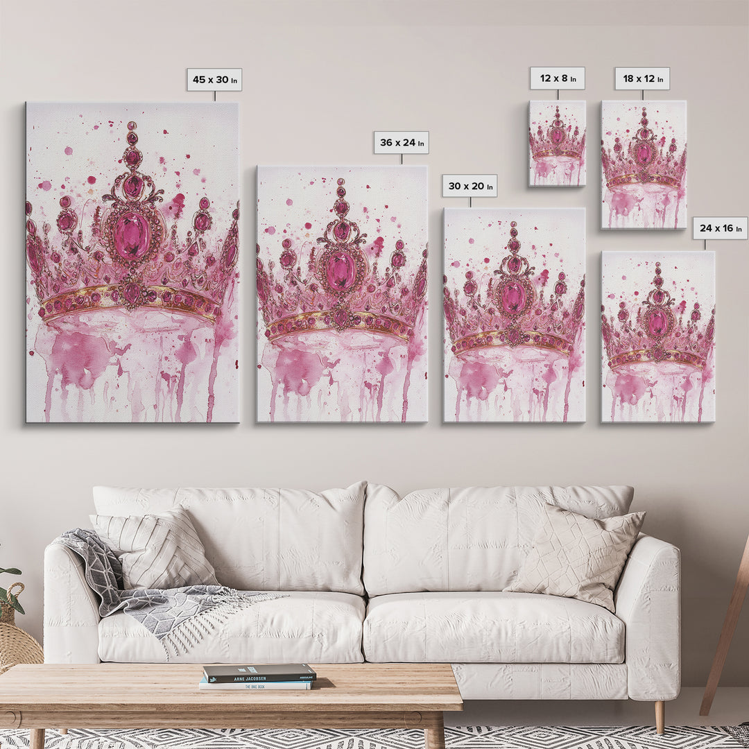 Regal jeweled crown painting featuring framed canvas print, moody art, pink wall art for dorm, unique goddess art print decor