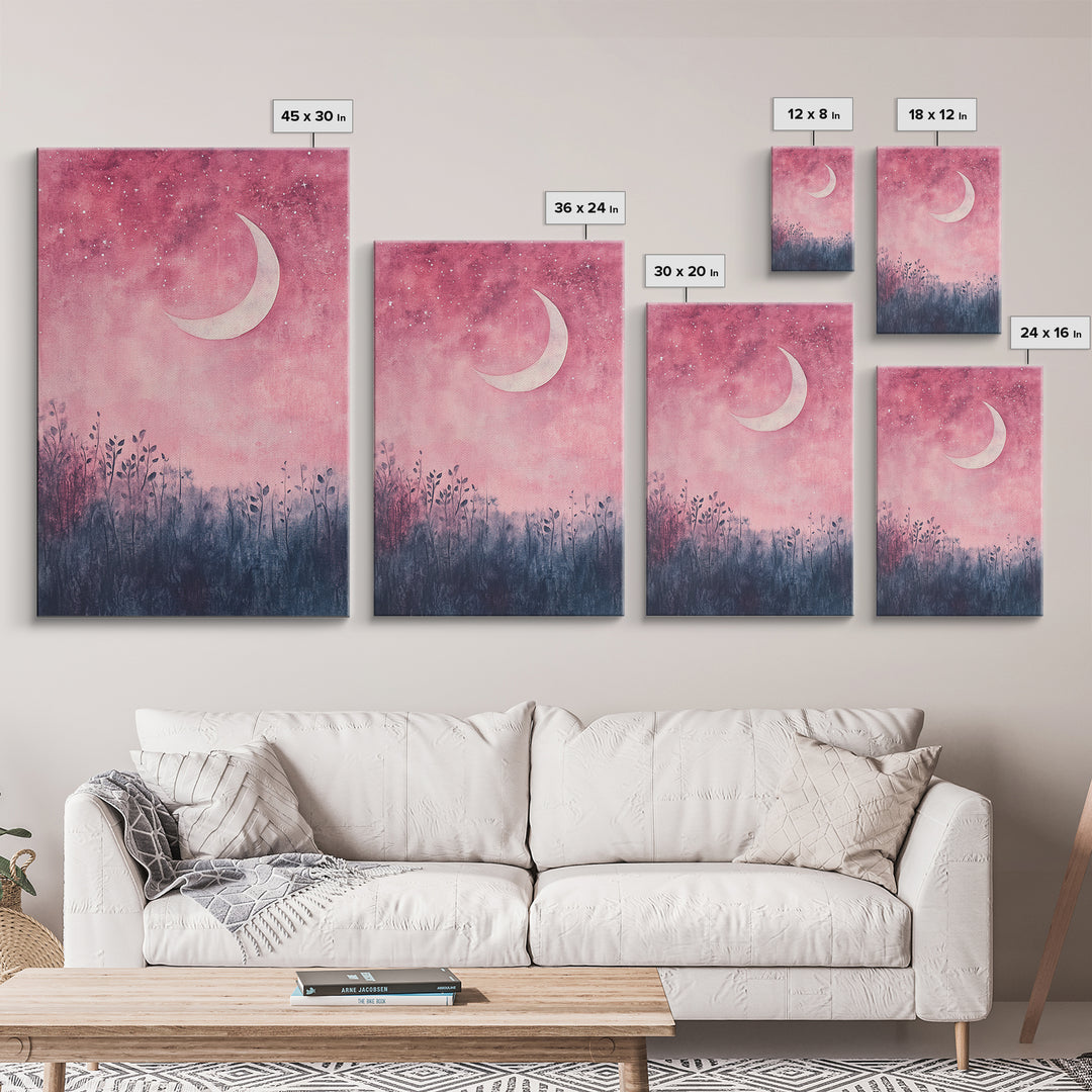 Crescent moon painting on framed canvas print, moody art, pink abstract art, cherry blossom painting, vertical wall art decor