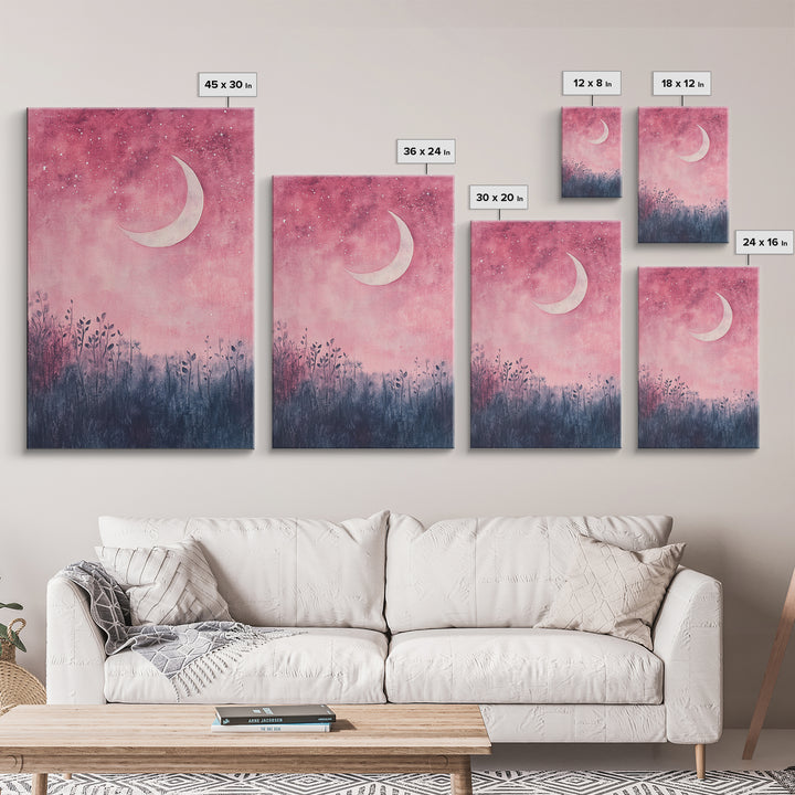 Crescent moon painting on framed canvas print, moody art, pink abstract art, cherry blossom painting, vertical wall art decor