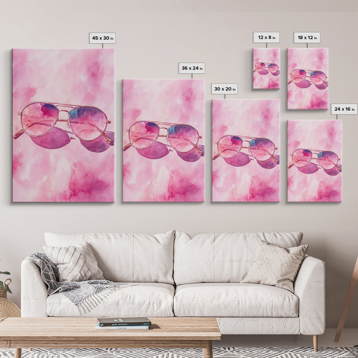 Stylish pink sunglasses painting featuring framed canvas print, pink wall art, boho art, above sofa art, modern living room decor
