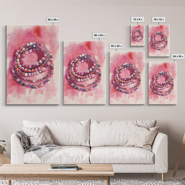 Vibrant gemstone bracelet painting with framed canvas print, gemstone painting, pink abstract art, moody art, living room decor
